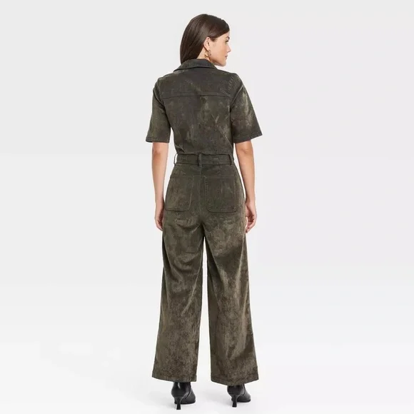 Universal Thread Short Sleeve Flocked Denim Jumpsuit in Olive Green Size 4 & 12 - Picture 2 of 12